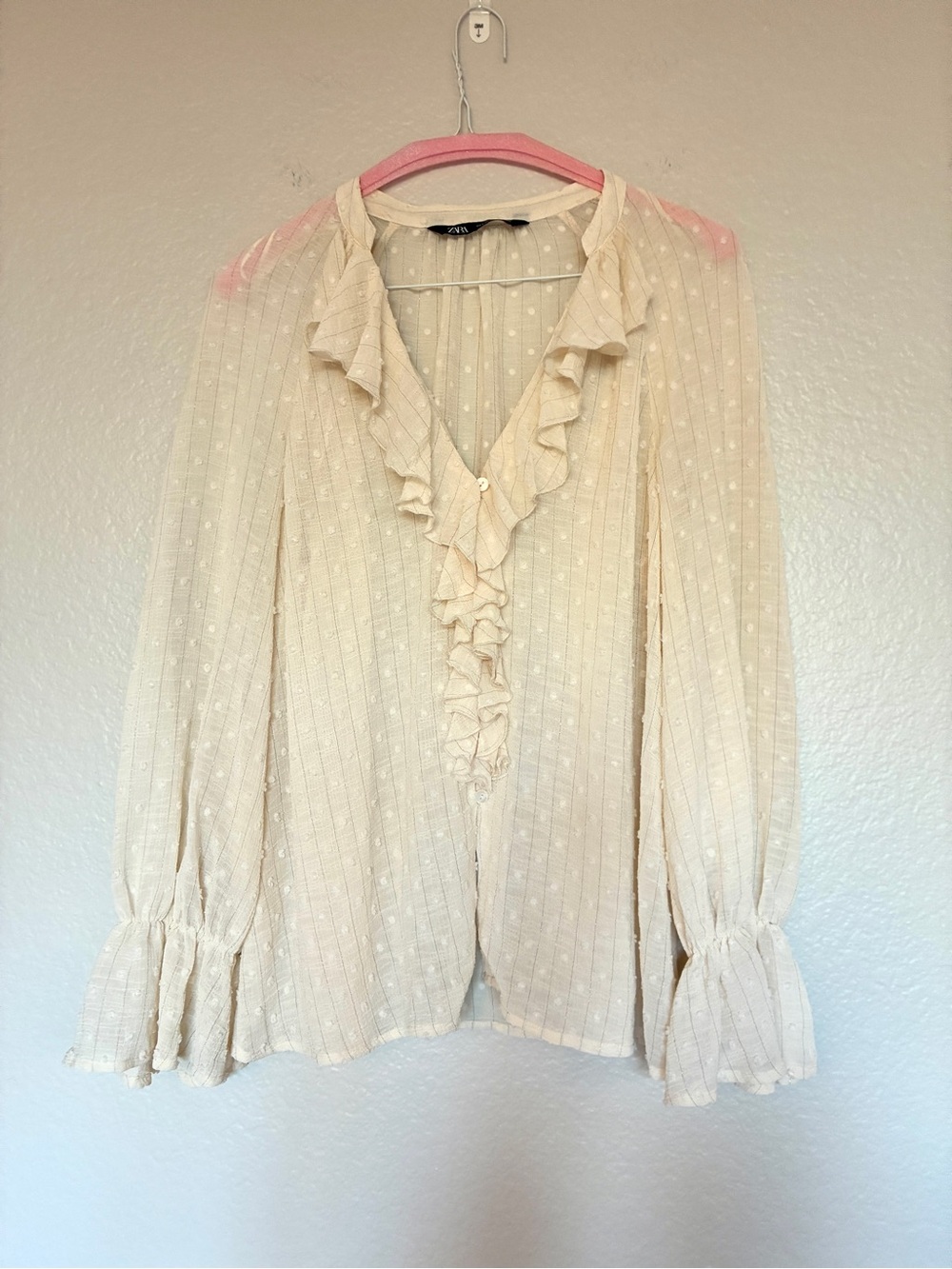 Zara Cream Ruffle V-Neck Dot-Textured Blouse